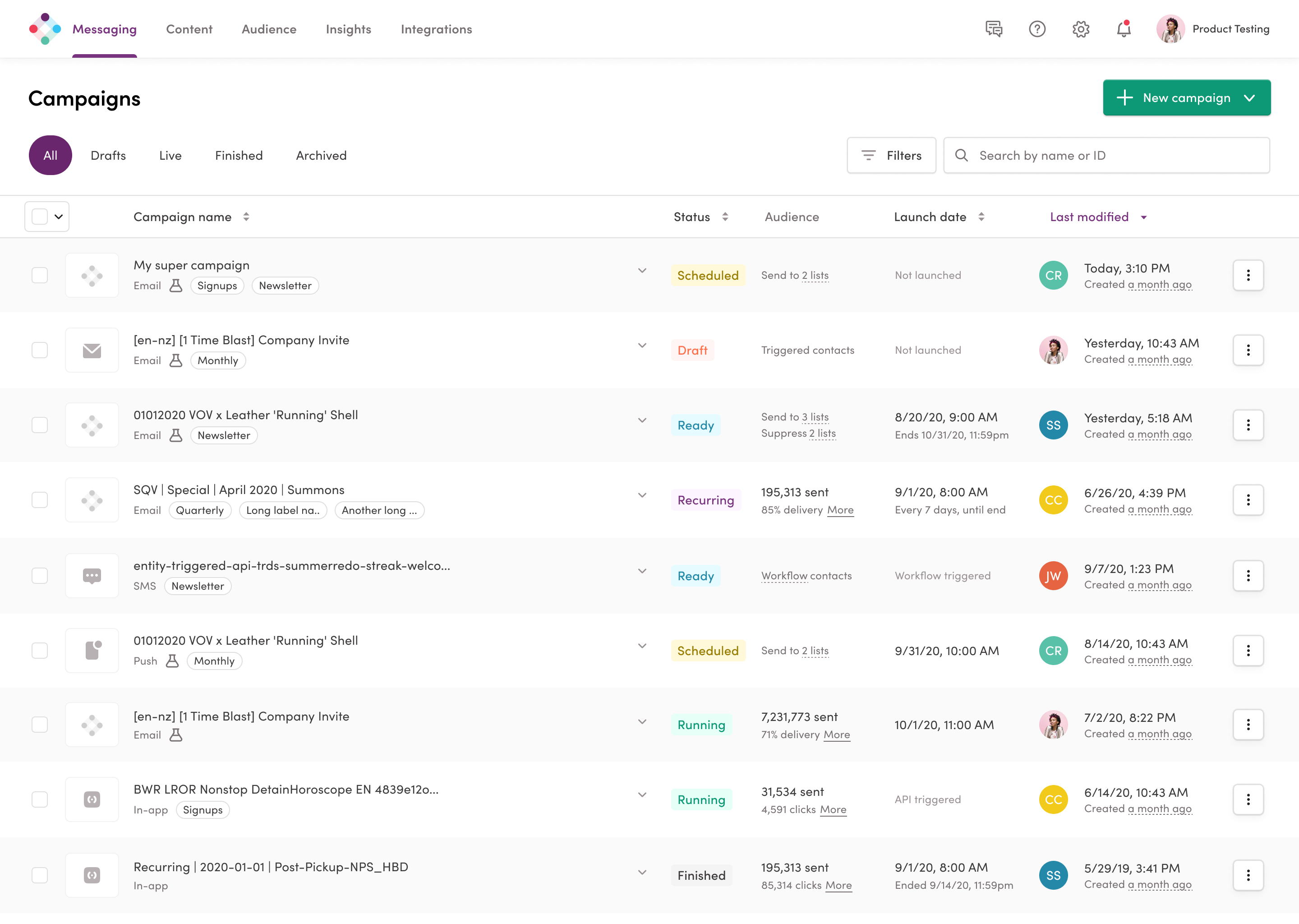 New screenshot of Iterable's campaigns index showing modernized interface