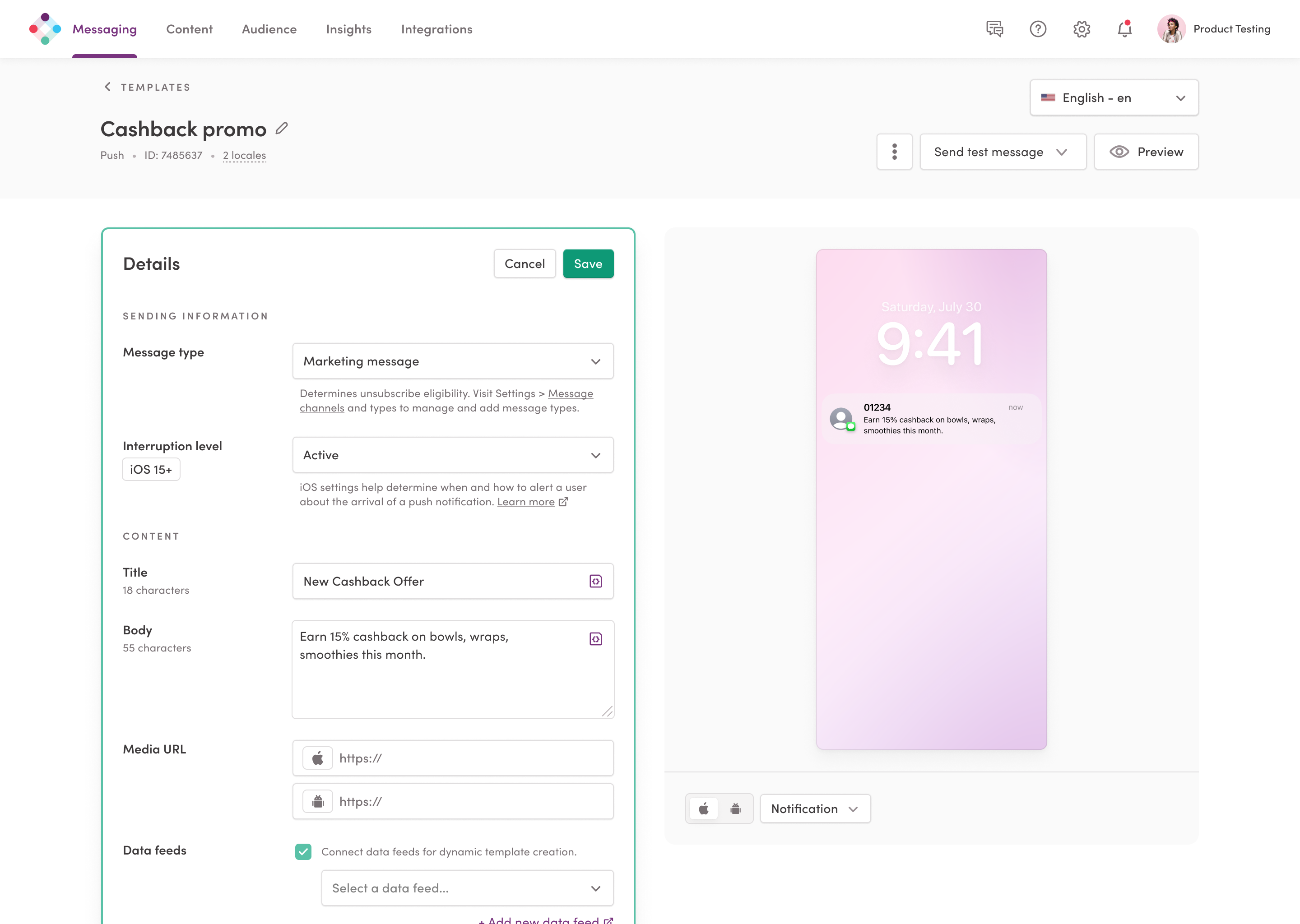 New screenshot of Iterable's push template editor showing modernized design